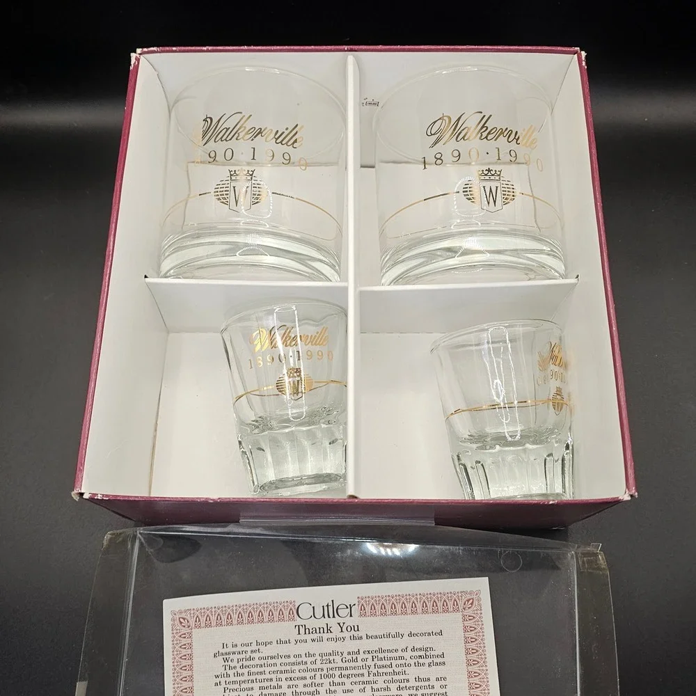 Walkerville 1890-1990 Cutler Toronto 22K‎ Gold Whiskey Rocks Shot Glass Set